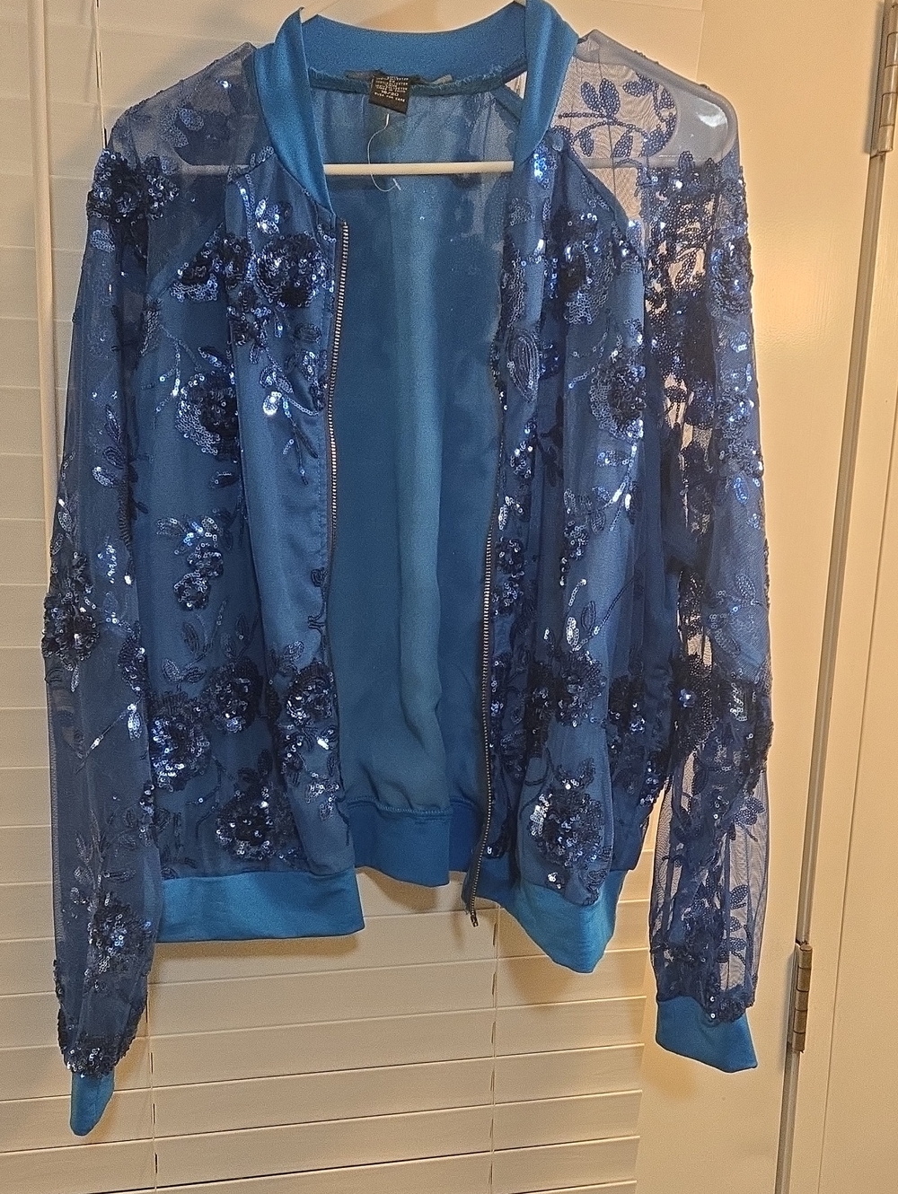 Ashley Stewart Blue Sequin Mesh Bomber Jacket